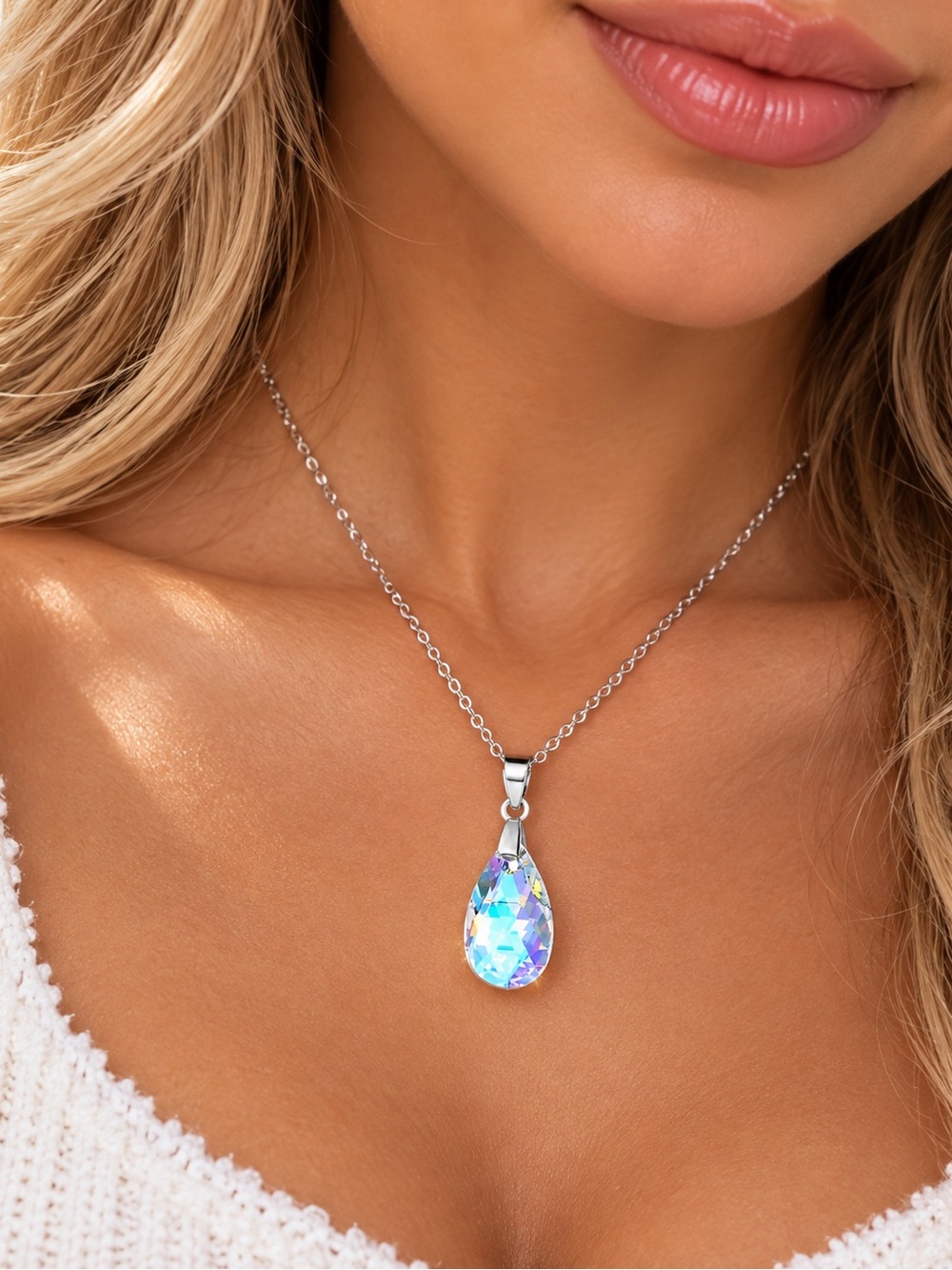14K White Gold Plated AB Crystal Teardrop Necklace Iridescent Luxury